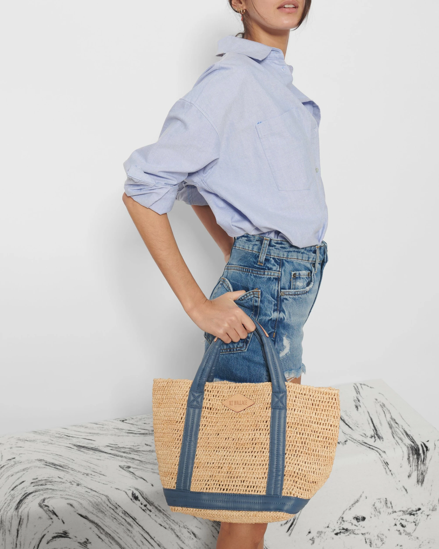 Raffia With Denim Small Raffia Tote - Image 2