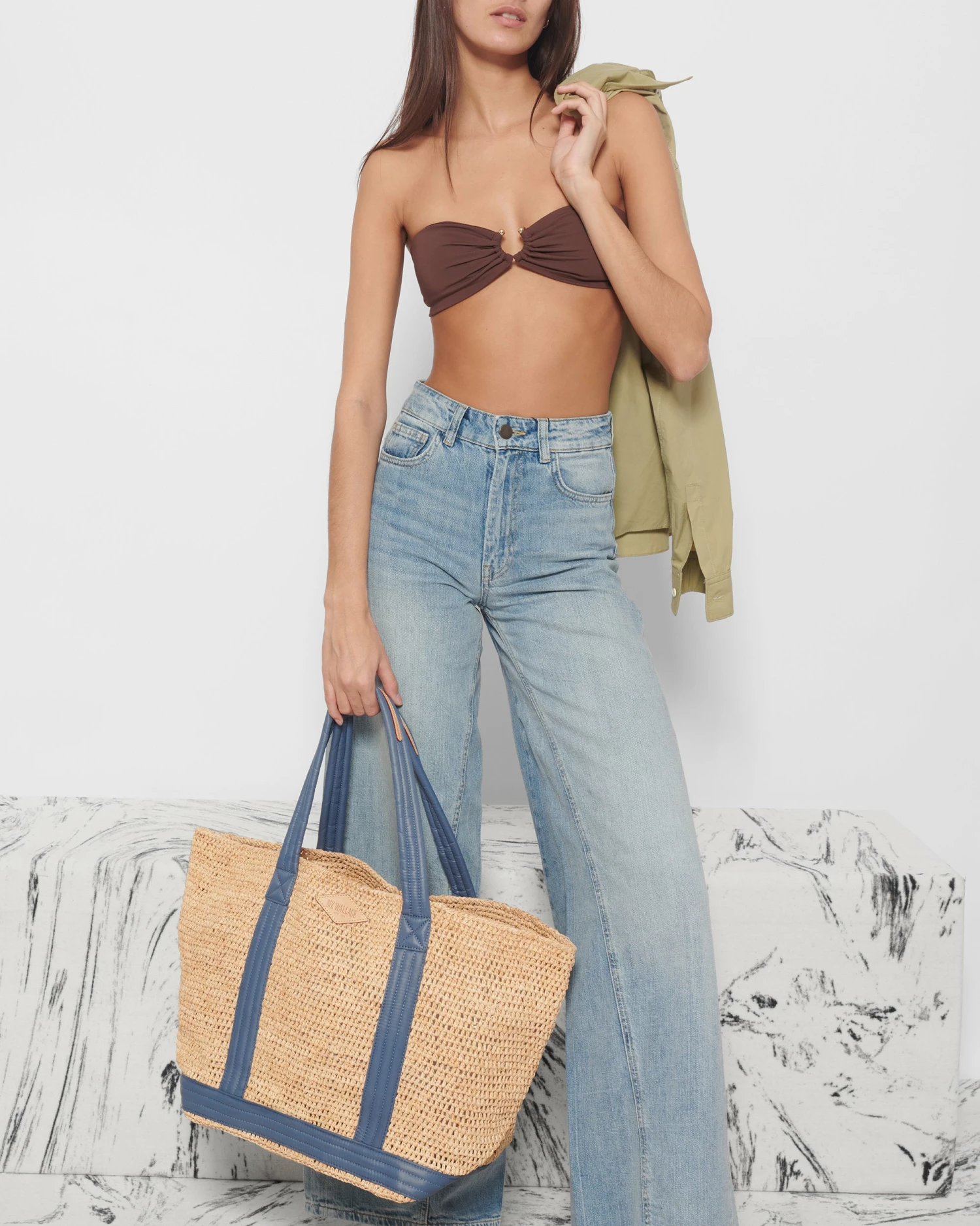 Raffia With Denim Large Raffia Tote - Image 2