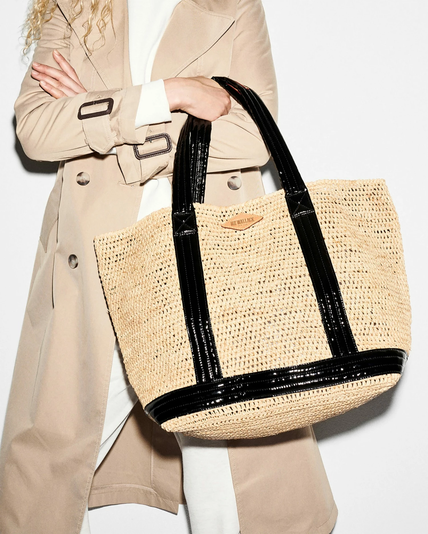 Raffia/Black Lacquer Large Raffia Tote - Image 2